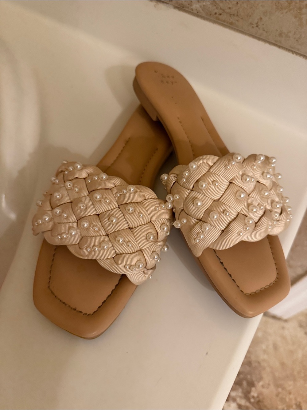 a new day Cream Braided Pearl Slide Sandals - Women